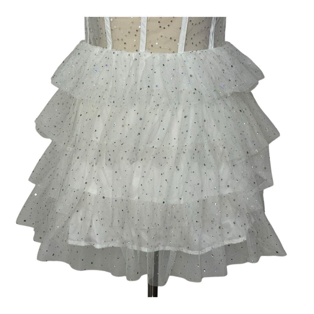 Iridescent Sparkly Sequin Tiered Tulle Mini Dress Mesh Corset Boned Strapless L - Picture 4 of 10